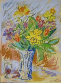 GE4087 Veit   Relin, Gartenblumen  in   blauer   Glasvase